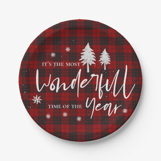赤い格子模様の素晴らしい年のクリスマスパーティー ペーパープレート (正面)