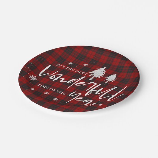 赤い格子模様の素晴らしい年のクリスマスパーティー ペーパープレート (アングル)
