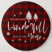 赤い格子模様の素晴らしい年のクリスマスパーティー 缶バッジ (正面)