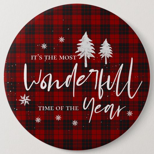 赤い格子模様の素晴らしい年のクリスマスパーティー 缶バッジ (正面)