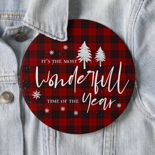 赤い格子模様の素晴らしい年のクリスマスパーティー 缶バッジ (インサイチュ)