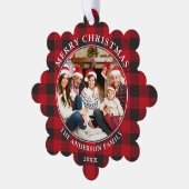 赤い格子模様の素朴メリークリスマスフォト オーナメントカード (左)