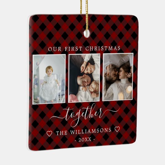 赤い格子模様の複数写真初めてのクリスマス セラミックオーナメント (右)