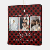 赤い格子模様の複数写真初めてのクリスマス セラミックオーナメント (左)