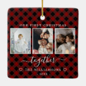 赤い格子模様の複数写真初めてのクリスマス セラミックオーナメント (裏面)