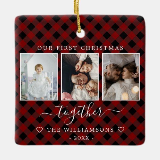 赤い格子模様の複数写真初めてのクリスマス セラミックオーナメント (正面)