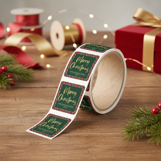 赤い格子模様の金箔スクリプトメリークリスマス スクエアシール