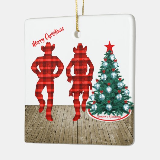赤い格子模様の陽気なクリスマスのラインダンサー セラミックオーナメント (左)