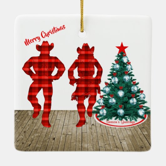 赤い格子模様の陽気なクリスマスのラインダンサー セラミックオーナメント (裏面)