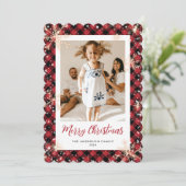 赤い格子模様の雪の結晶の写真メリークリスマス シーズンカード (スタンド正面)