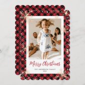 赤い格子模様の雪の結晶の写真メリークリスマス シーズンカード (正面/裏面)