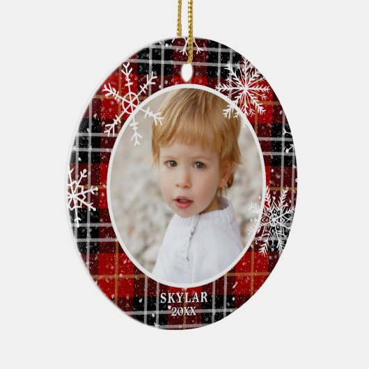 赤い格子模様の雪の結晶の写真名（年） セラミックオーナメント (右)