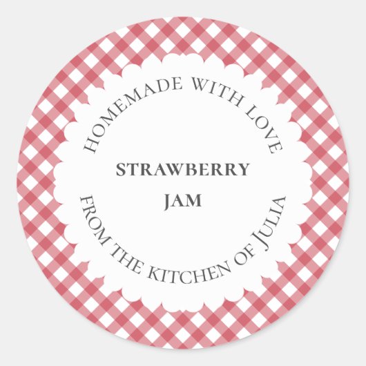 赤い格子模様の食品や瓶のラベル 自家製のギフトに ラウンドシール (正面)