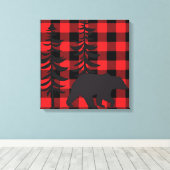 赤い格子模様の黒いクマのシルエット キャンバスプリント (インサイチュ (ウッドフロア))