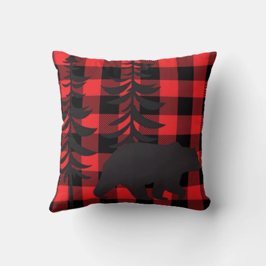 赤い格子模様の黒いクマのシルエット クッション (裏面)