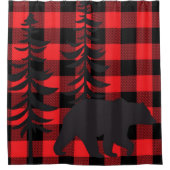 赤い格子模様の黒いクマのシルエット シャワーカーテン (正面)