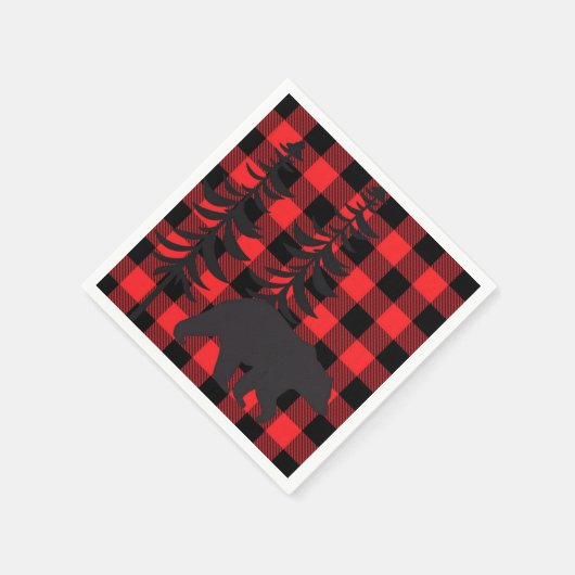 赤い格子模様の黒いクマのシルエット スタンダードカクテルナプキン (角)