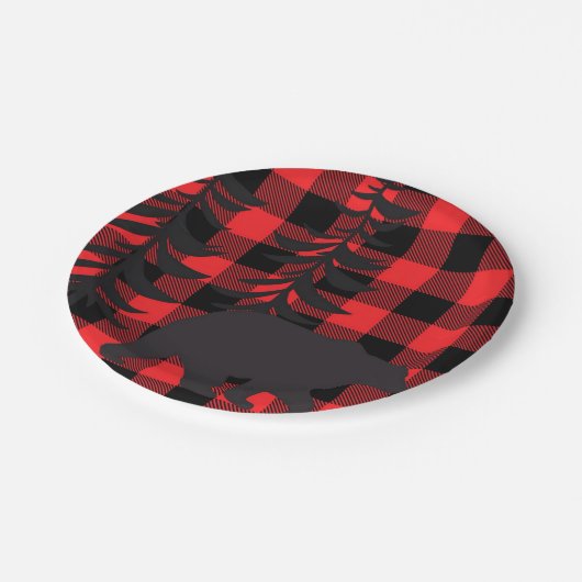 赤い格子模様の黒いクマのシルエット ペーパープレート (アングル)