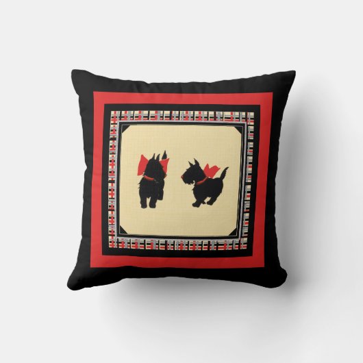 赤い格子模様の黒いスコッティのスコットランド犬 クッション (裏面)