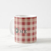 赤い格子模様の「ホーム」ファームハウスデコールカントリーボクウッド コーヒーマグカップ (正面左)