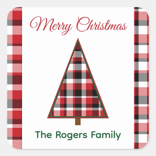赤い格子模様クリスマスツリーのクリスマスステッカー スクエアシール (正面)
