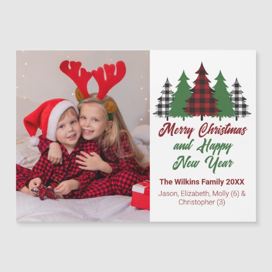 赤い格子模様クリスマスツリーファミリーフォトマグネットカード (正面)