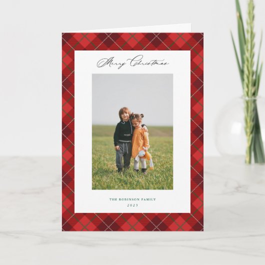赤い格子模様クリスマスホリデーフォト折り畳みカード カード (正面)