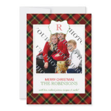 赤い格子模様クリスマスモノグラムフォトカード