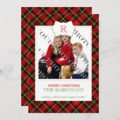 赤い格子模様クリスマスモノグラムフォトカード シーズンカード (正面/裏面)