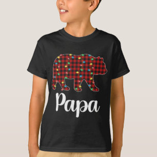 赤い格子模様クリスマスライトパパベアクリスマスパジャマ Tシャツ