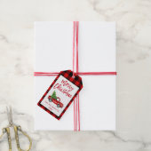 赤い格子模様ブラシスクリプトクリスマストラック ギフトタグ (より糸付き)