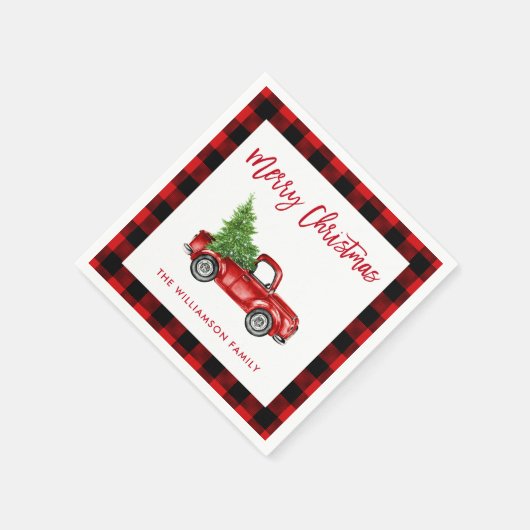 赤い格子模様ブラシスクリプトクリスマストラック スタンダードカクテルナプキン (角)