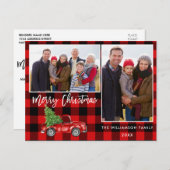 赤い格子模様ブラシスクリプトトラック2写真クリスマス ポストカード (正面/裏面)
