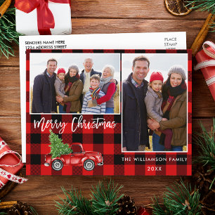 赤い格子模様ブラシスクリプトトラック2写真クリスマス ポストカード