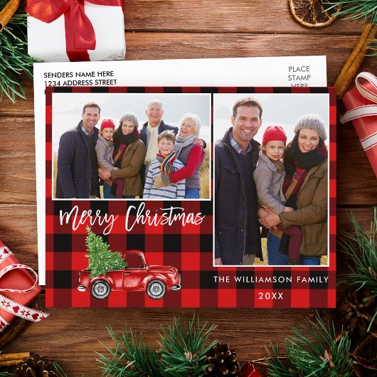 赤い格子模様ブラシスクリプトトラック2写真クリスマス ポストカード