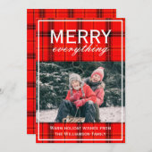赤い格子模様メリーすべて家族の写真クリスマス シーズンカード (正面/裏面)