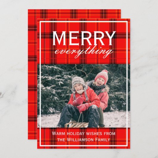 赤い格子模様メリーすべて家族の写真クリスマス シーズンカード (正面/裏面)