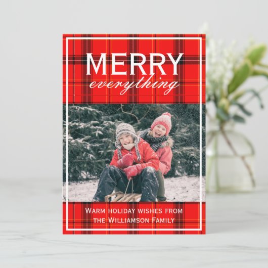 赤い格子模様メリーすべて家族の写真クリスマス シーズンカード (スタンド正面)
