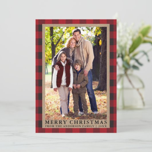 赤い格子模様メリークリスマスクラフト家族写真 シーズンカード (スタンド正面)