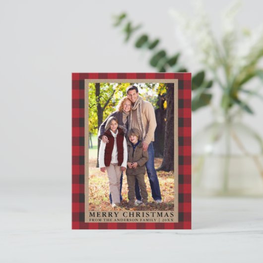 赤い格子模様メリークリスマスクラフト家族写真 ポストカード (スタンド正面)