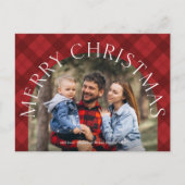 赤い格子模様モダンのアーチメリークリスマスフォト シーズンポストカード (正面)