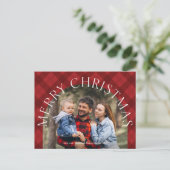 赤い格子模様モダンのアーチメリークリスマスフォト シーズンポストカード (スタンド正面)