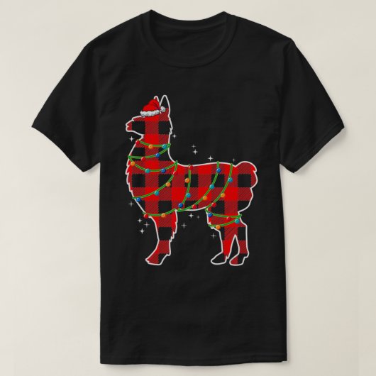 赤い格子模様ラマのクリスマスライトラマおもしろいサンタ Tシャツ (デザイン正面)