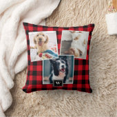 赤い格子模様3フォトコラージモノグラム枕 クッション (ブランケット)