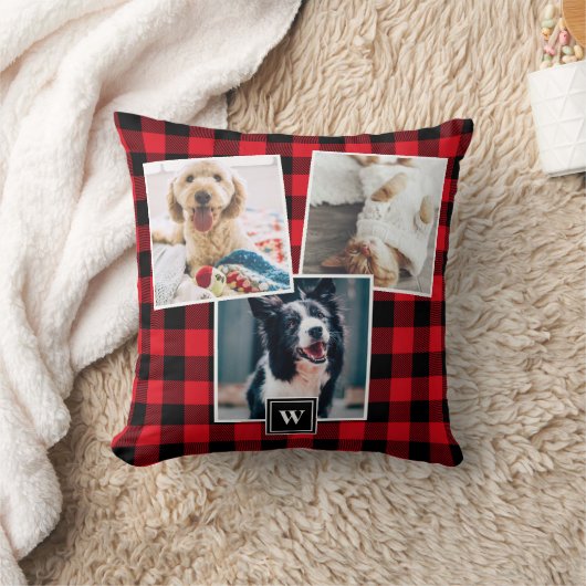 赤い格子模様3フォトコラージモノグラム枕 クッション (ブランケット)