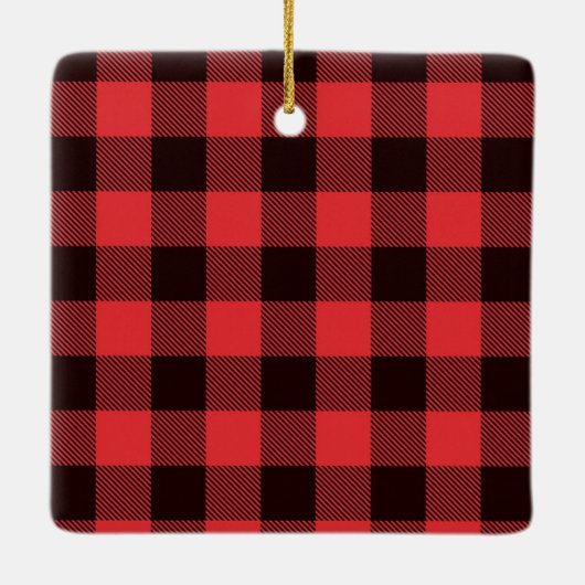 赤い格子模様|ファミリードッグ写真記念クリスマス セラミックオーナメント (裏面)