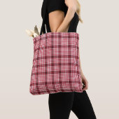 赤い格子状の市松模様にタータンチェックテクスチャ トートバッグ (クローズアップ)