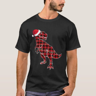 赤い格子状の恐竜Tレックスクリスマスライトパジャマ Tシャツ