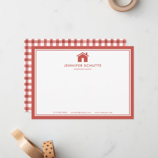 赤い格子状パーソナライズされた不動産仲介業者文房具フラット ノートカード (正面/裏面インサイチュ)