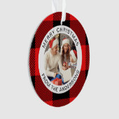 赤い格子状モダンのシンプルクリスマスファミリー2写真 オーナメント (正面)